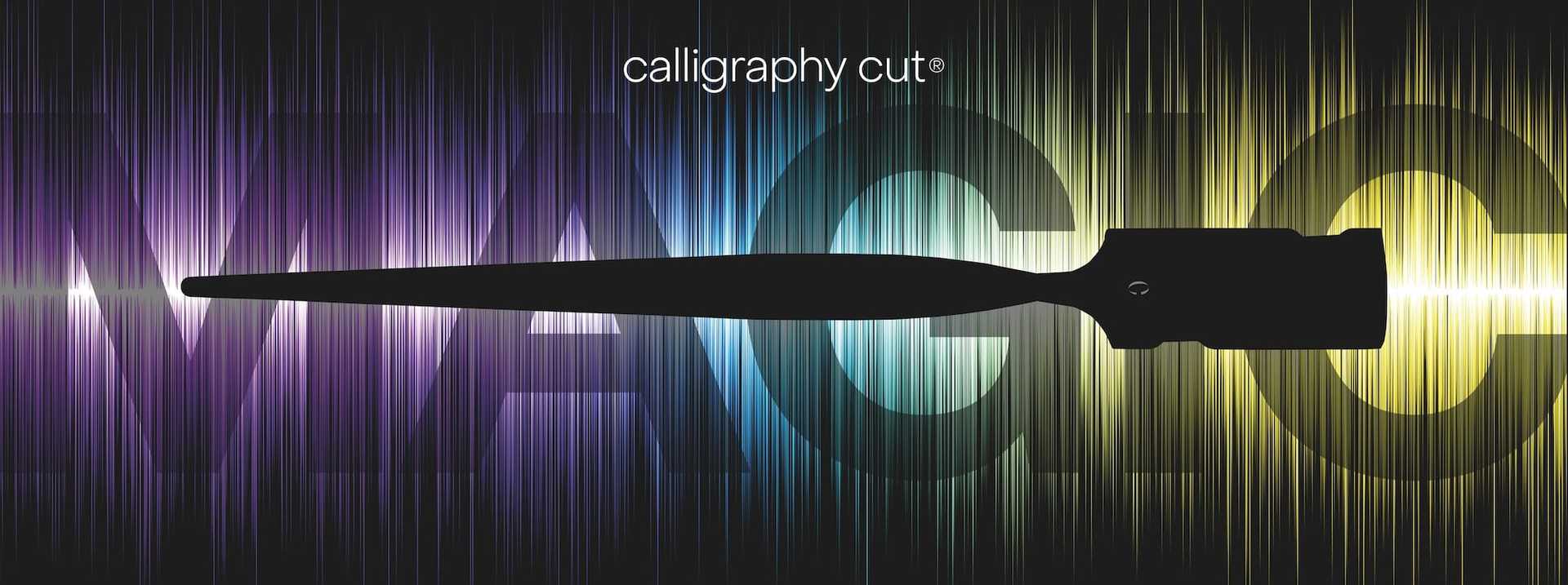 Silhouette of a calligraphy pen with colorful light streaks and "MAGIC" text background.