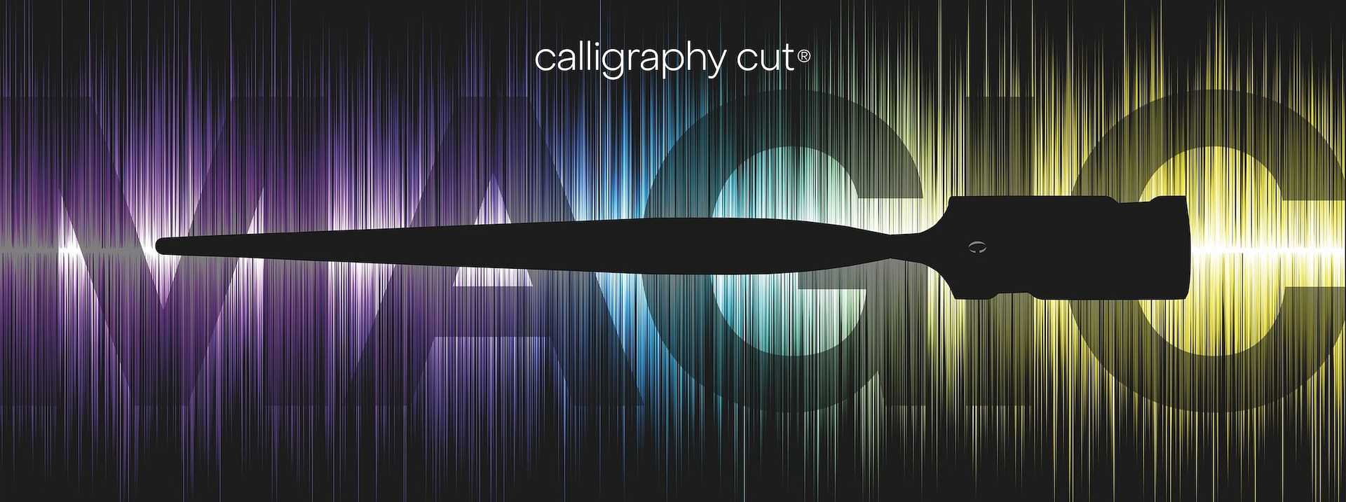 Silhouette of a calligraphy pen with colorful light streaks and "MAGIC" text background.